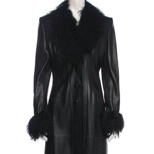 Escada Margaretha Ley Leather & Wool Coat with Shearling Fur & Cuffs EU 36